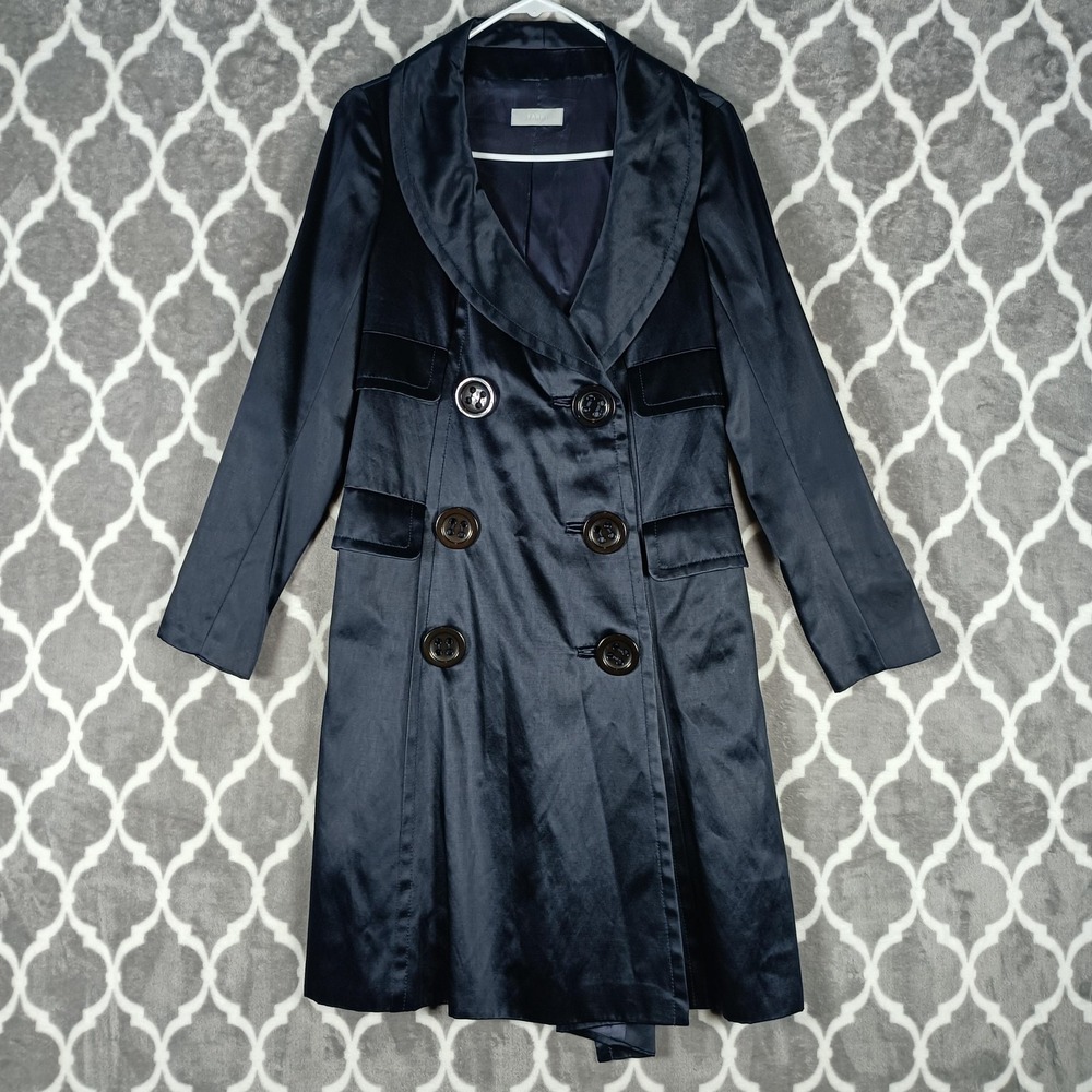 Nicole Farhi Coat Women Size 4 Navy Blue Satin Trench Jacket Double Breasted